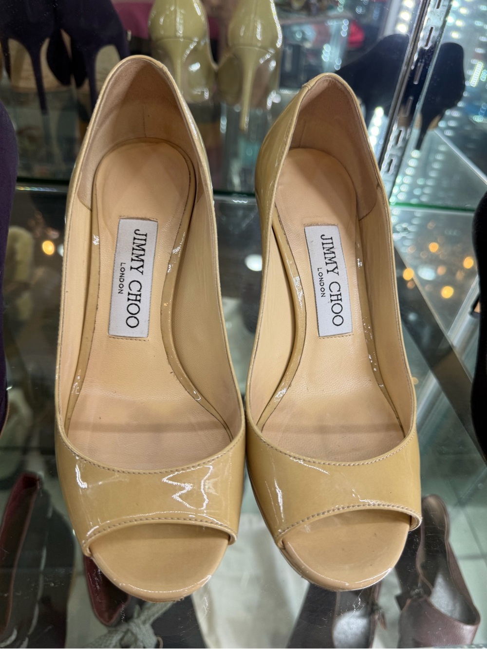 Jimmy Choo Beige Patent Peep-Toe Pumps